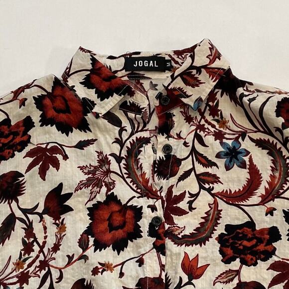Cotton Blend Floral Short Sleeve Button Down Shirt/Blouse Ivory, Red, Blue, M - Picture 5 of 12